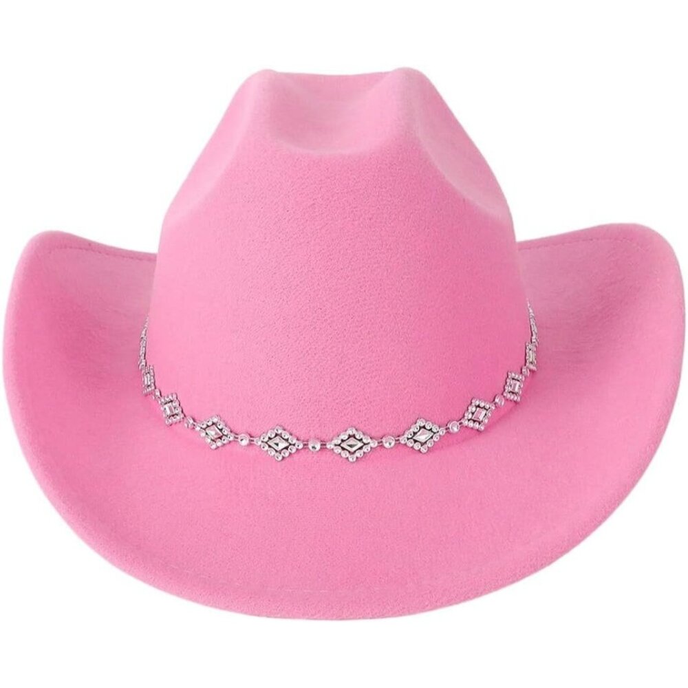 Verdusa Women pink 100% Polyester Rhinestone Diamond Chain Band Cowboy Felt Hat